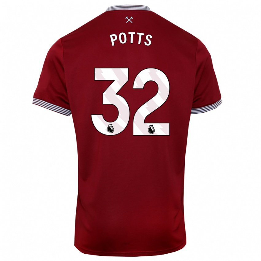 ילדים Freddie Potts #32 בורדו לבן ג'רזי ביתית 2025/26 חולצה קצרה