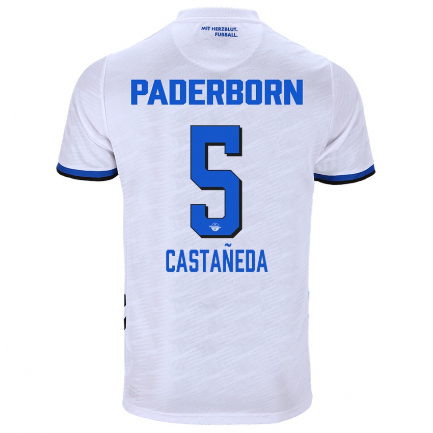 ילדים סנטיאגו קסטניידה #5 לבן כחול הרחק ג'רזי 2025/26 חולצה קצרה
