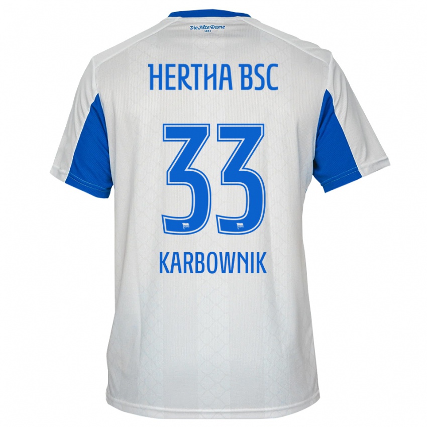 גברים מיכל קרבובניק #33 לבן כחול הרחק ג'רזי 2025/26 חולצה קצרה