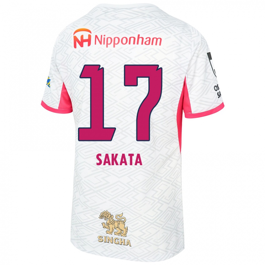 גברים Reiya Sakata #17 ורוד סאקורה לבן הרחק ג'רזי 2025/26 חולצה קצרה