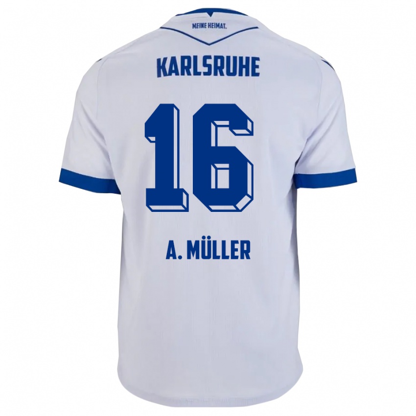 נשים Andreas Müller #16 לבן כחול הרחק ג'רזי 2025/26 חולצה קצרה