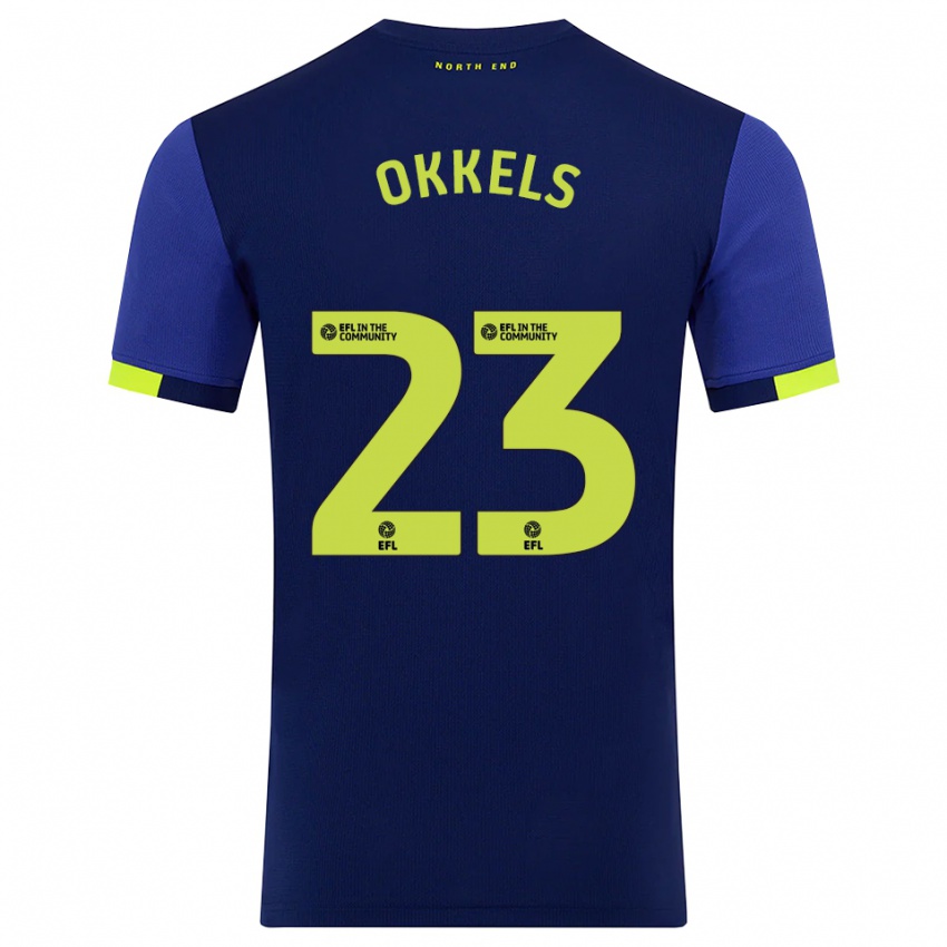 גברים Jeppe Okkels #23 כחול נייבי צהוב הרחק ג'רזי 2025/26 חולצה קצרה