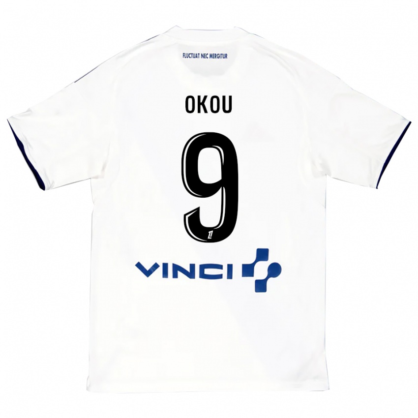 גברים Christ Okou #9 לבן כחול הרחק ג'רזי 2025/26 חולצה קצרה