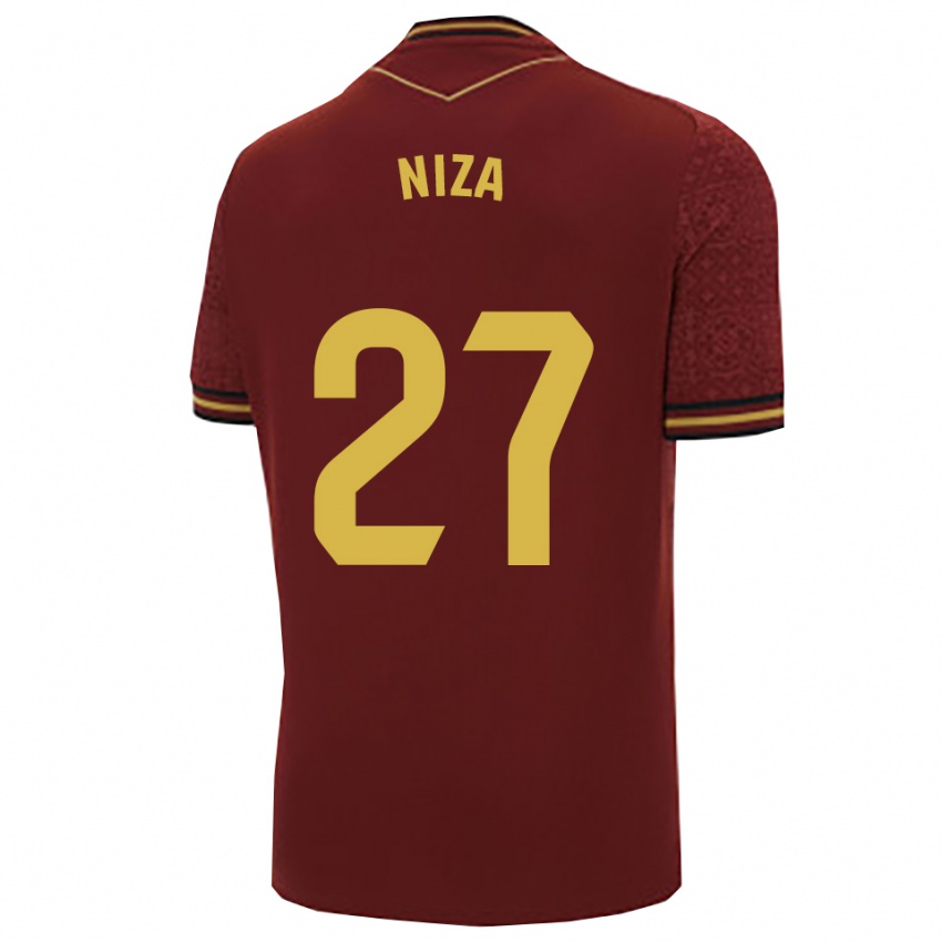 גברים Sergio Niza #27 בורדו זהב הרחק ג'רזי 2025/26 חולצה קצרה