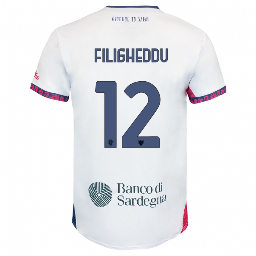 ילדים Daniele Filigheddu #12 לבן נייבי אדום הרחק ג'רזי 2025/26 חולצה קצרה