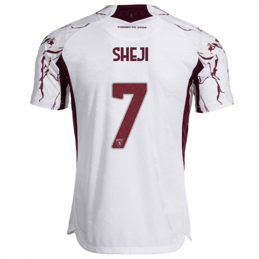 ילדים Rikardo Sheji #7 לבן בורגונדי הרחק ג'רזי 2025/26 חולצה קצרה