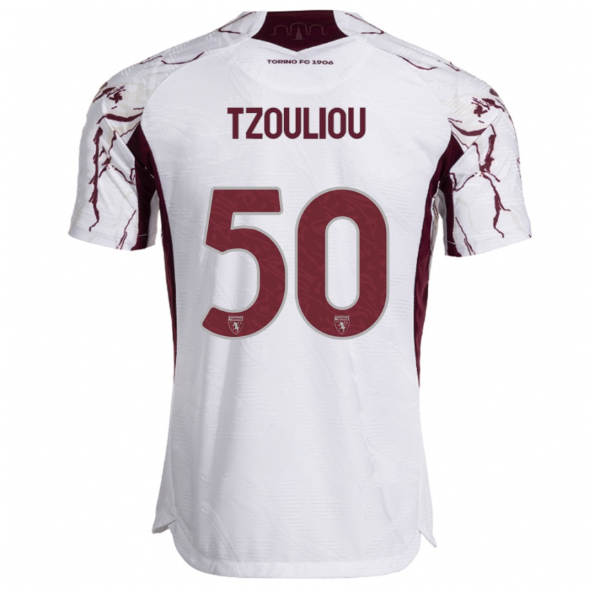 ילדים Dimitrianos Tzouliou #50 לבן בורגונדי הרחק ג'רזי 2025/26 חולצה קצרה