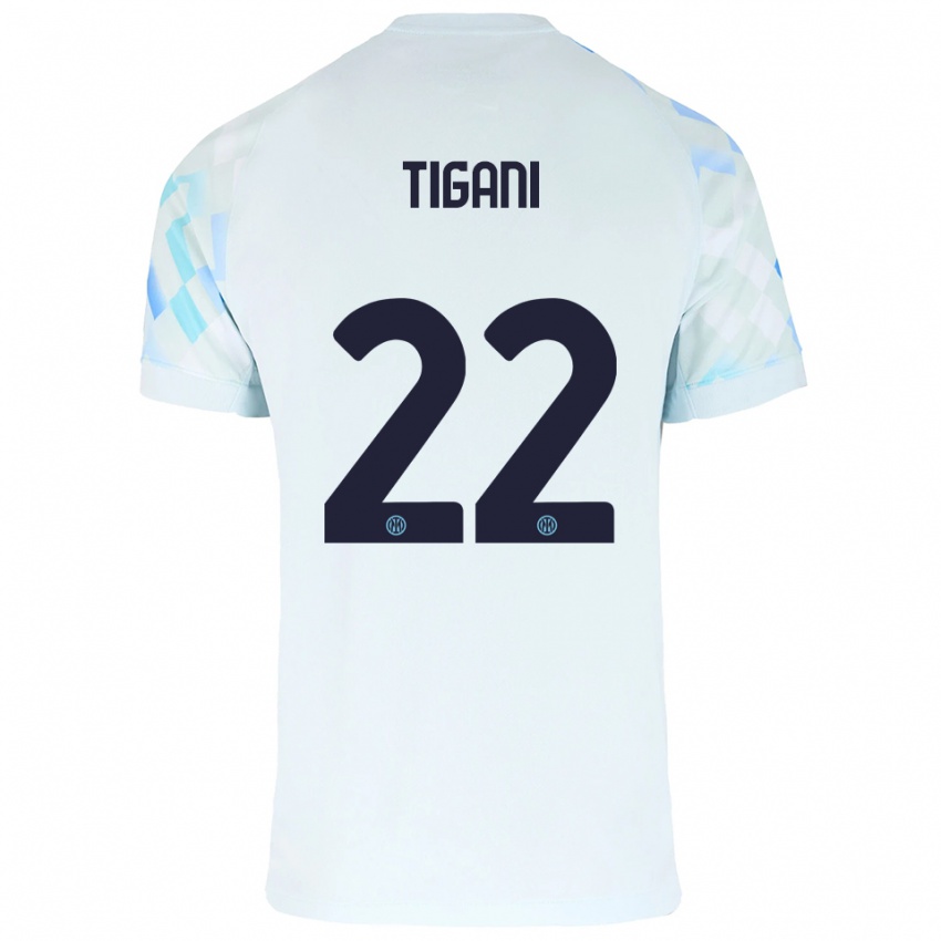 גברים Edoardo Tigani #22 לבן כחול הרחק ג'רזי 2025/26 חולצה קצרה