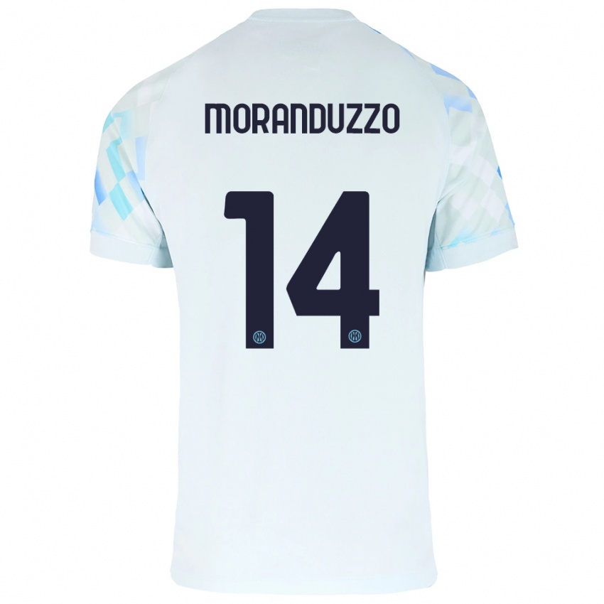 גברים Nicolo Moranduzzo #14 לבן כחול הרחק ג'רזי 2025/26 חולצה קצרה