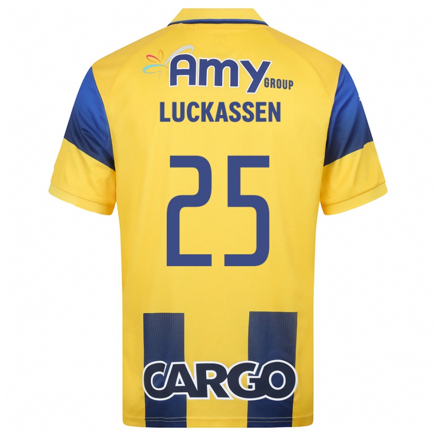 ילדים Derrick Luckassen #25 צהוב כחול נייבי ג'רזי ביתית 2025/26 חולצה קצרה