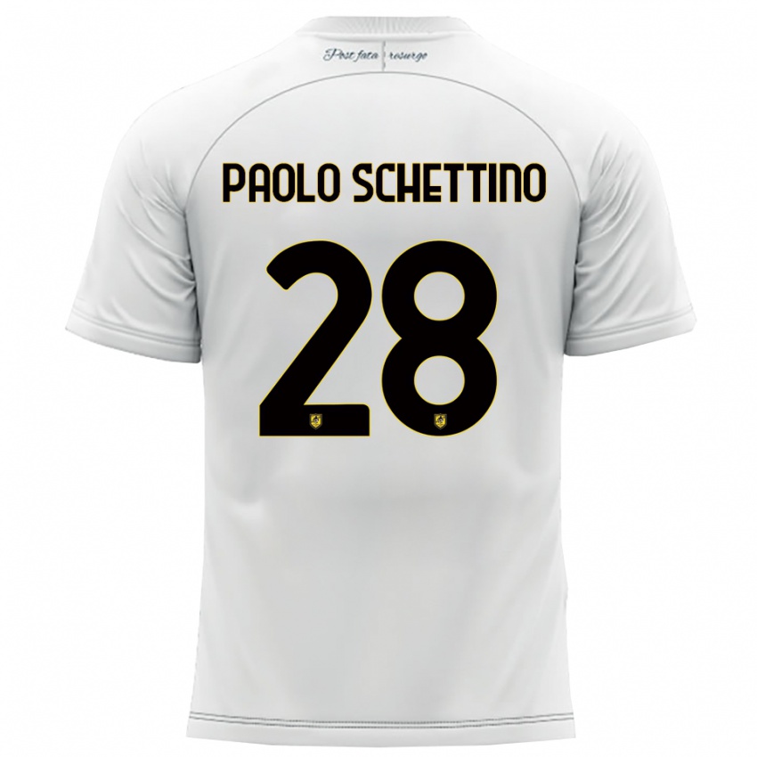גברים Francesco Paolo Schettino #28 לבן צהוב הרחק ג'רזי 2025/26 חולצה קצרה