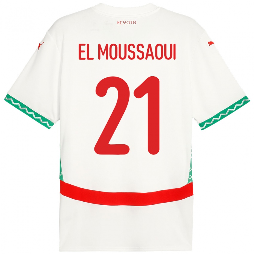 נשים מָרוֹקוֹ Tajeddine El Moussaoui #21 לָבָן הרחק ג'רזי 24-26 חולצה קצרה