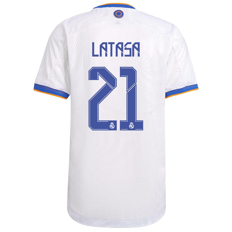 גברים Juan Miguel Latasa Fernandez Layos #21 לבן ג'רזי ביתית 2021/22 חולצה קצרה