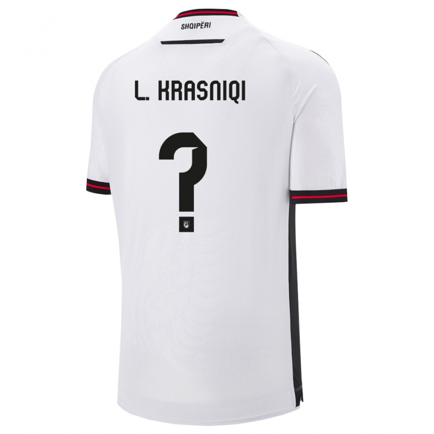 ילדים אלבניה Leart Krasniqi #0 לבן שחור הרחק ג'רזי 26-28 חולצה קצרה