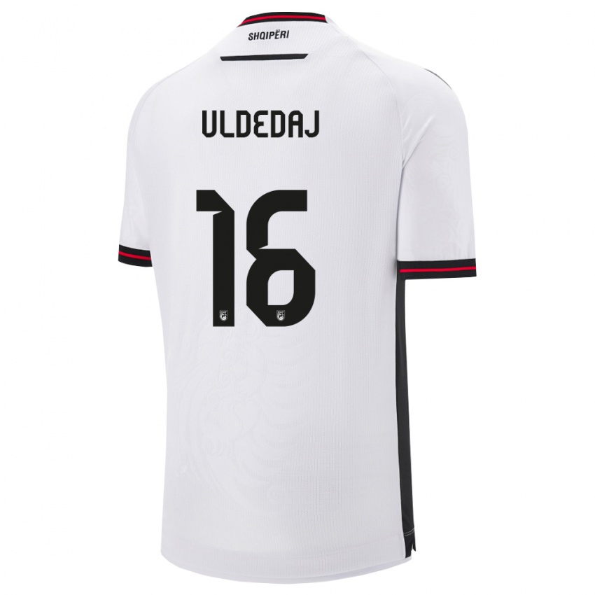 ילדים אלבניה Simon Uldedaj #16 לבן שחור הרחק ג'רזי 26-28 חולצה קצרה