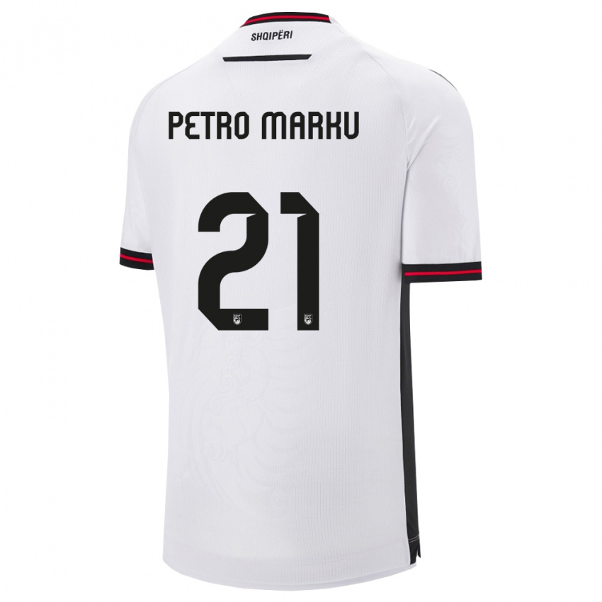 ילדים אלבניה Petro Marku #21 לבן שחור הרחק ג'רזי 26-28 חולצה קצרה