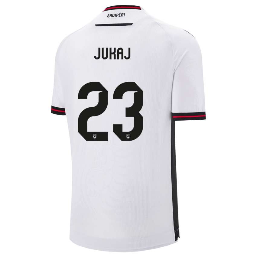 ילדים אלבניה Aron Jukaj #23 לבן שחור הרחק ג'רזי 26-28 חולצה קצרה