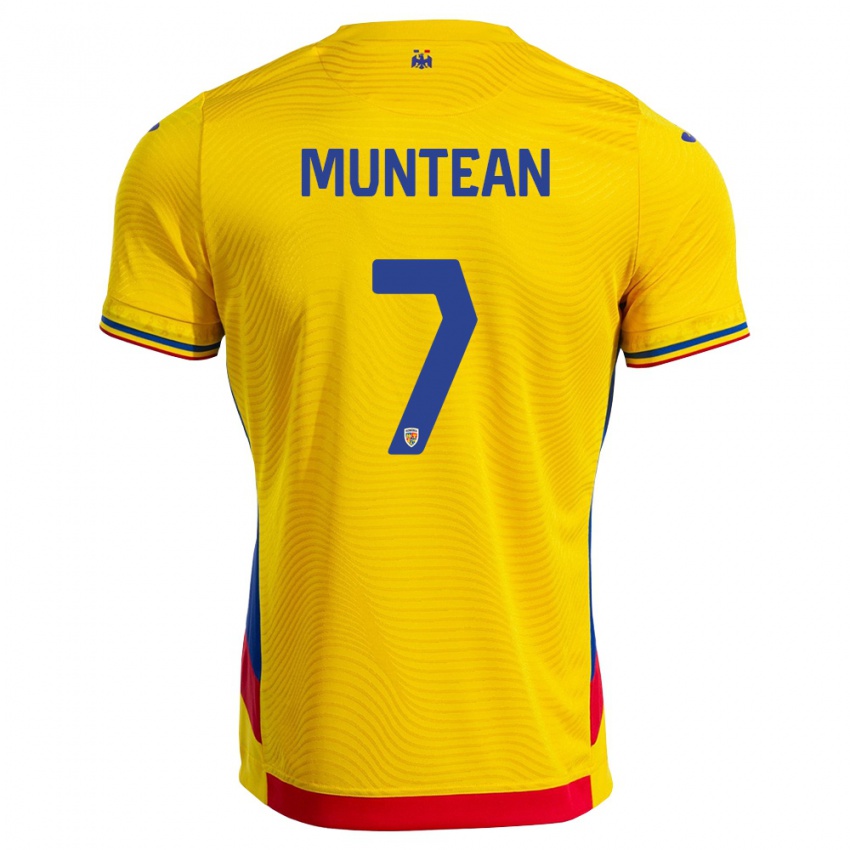 גברים רומניה Denys Muntean #7 צהוב אדום ג'רזי ביתית 26-28 חולצה קצרה