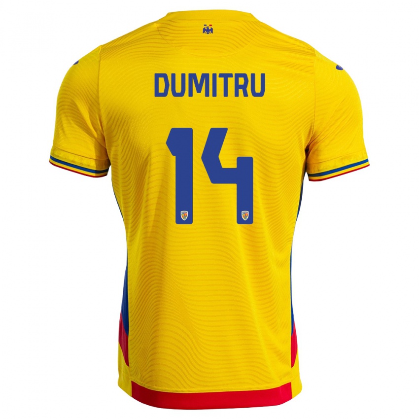 גברים רומניה Gabriel Dumitru #14 צהוב אדום ג'רזי ביתית 26-28 חולצה קצרה