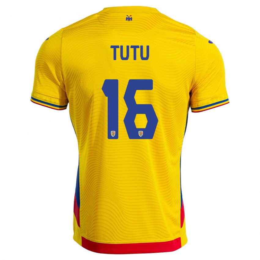 גברים רומניה Mark Țuțu #16 צהוב אדום ג'רזי ביתית 26-28 חולצה קצרה