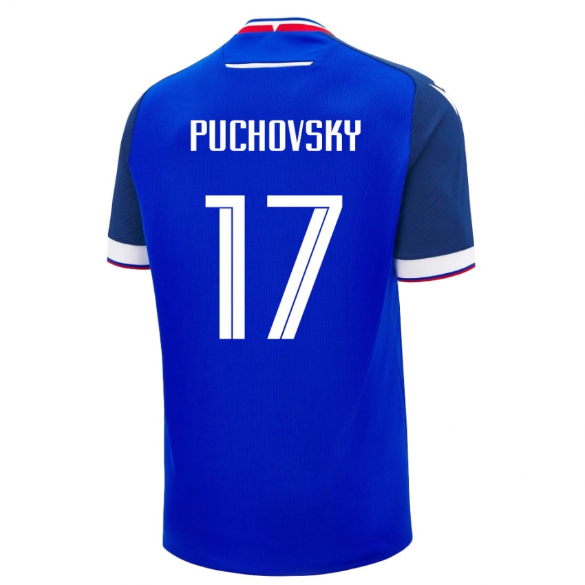 גברים סלובקיה David Puchovsky #17 כחול לבן ג'רזי ביתית 26-28 חולצה קצרה