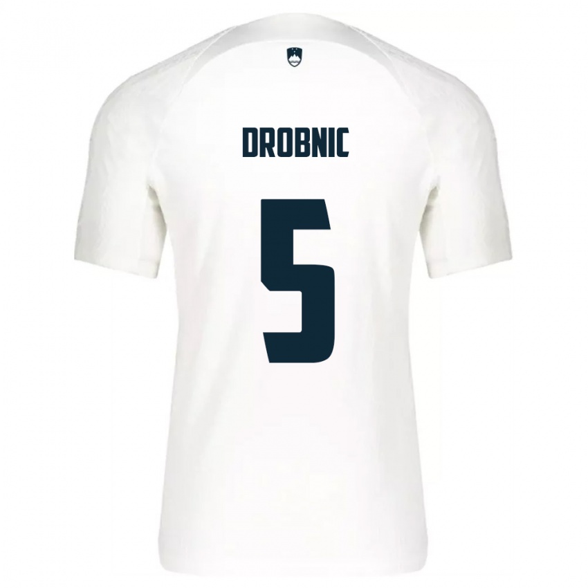 גברים סלובניה Dominik Drobnic #5 לבן כחול ג'רזי ביתית 26-28 חולצה קצרה