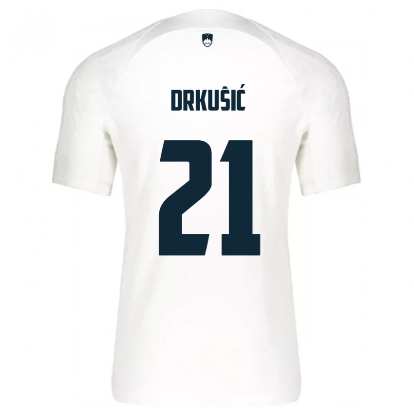 גברים סלובניה Vanja Drkusic #21 לבן כחול ג'רזי ביתית 26-28 חולצה קצרה