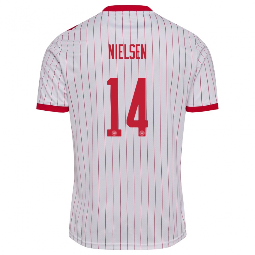 גברים דנמרק יוליוס נילסן #14 לבן אדום הרחק ג'רזי 26-28 חולצה קצרה
