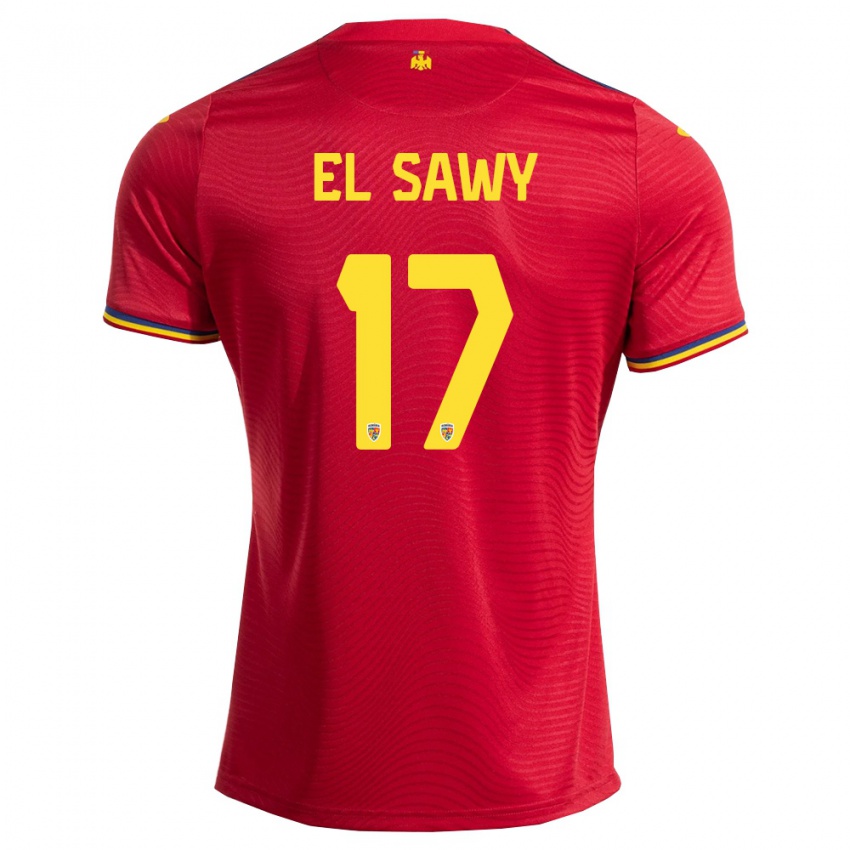 גברים רומניה Omar El Sawy #17 אדום כהה צהוב הרחק ג'רזי 26-28 חולצה קצרה
