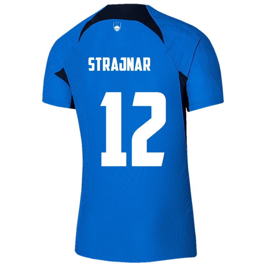 גברים סלובניה Aljaz Strajnar #12 כחול לבן הרחק ג'רזי 26-28 חולצה קצרה
