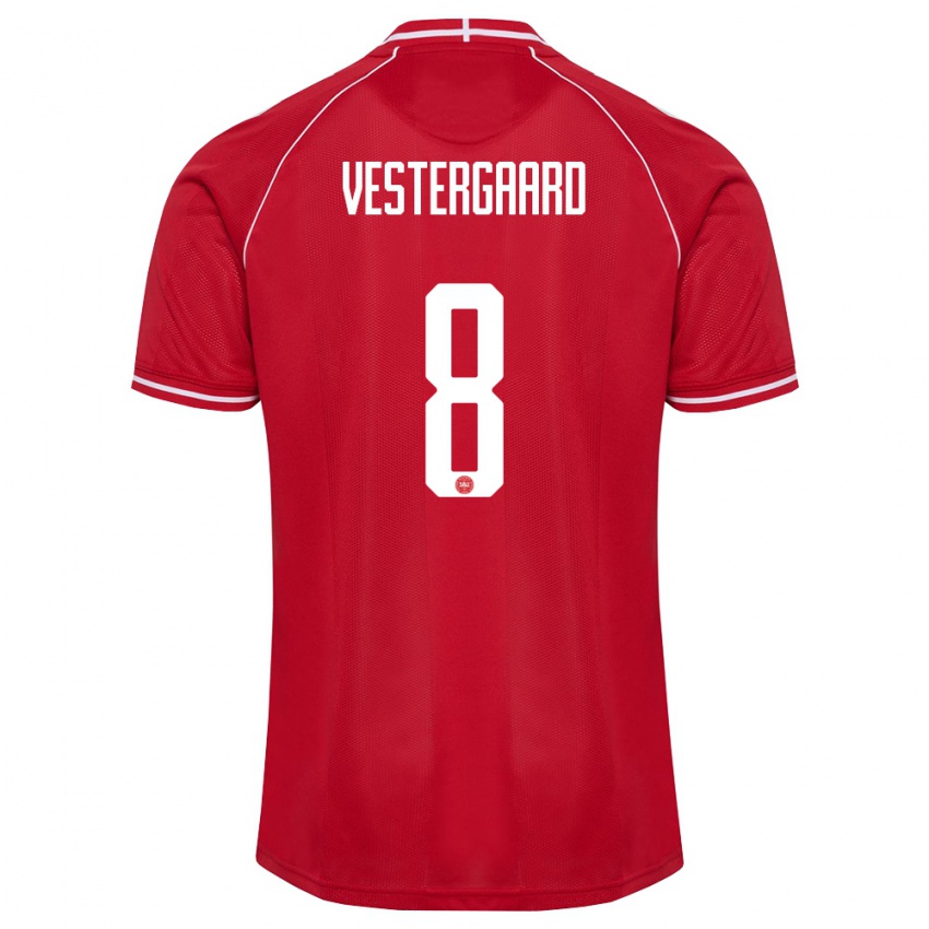 נשים דנמרק Frederik Vestergaard #8 אדום לבן ג'רזי ביתית 26-28 חולצה קצרה