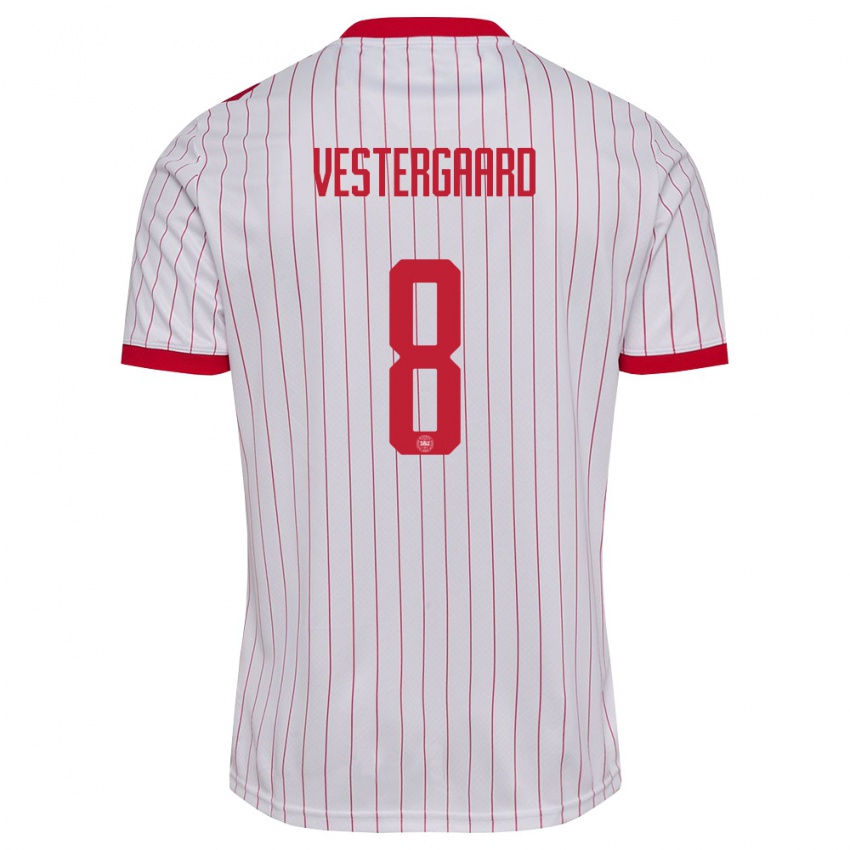 נשים דנמרק Frederik Vestergaard #8 לבן אדום הרחק ג'רזי 26-28 חולצה קצרה