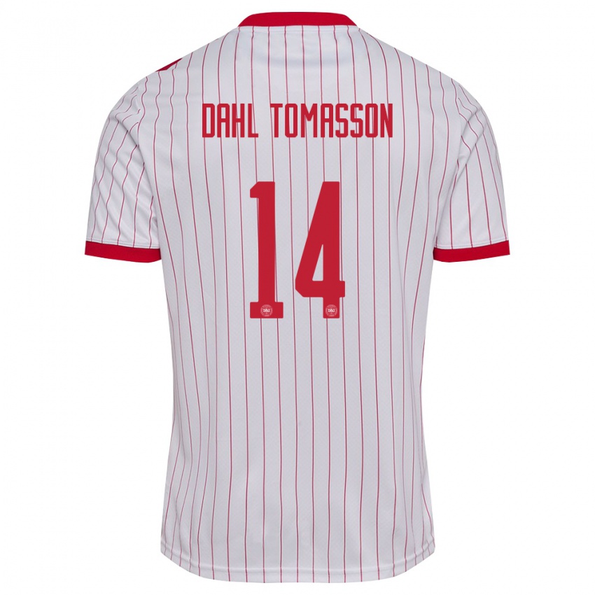 נשים דנמרק Luca Dahl Tomasson #14 לבן אדום הרחק ג'רזי 26-28 חולצה קצרה