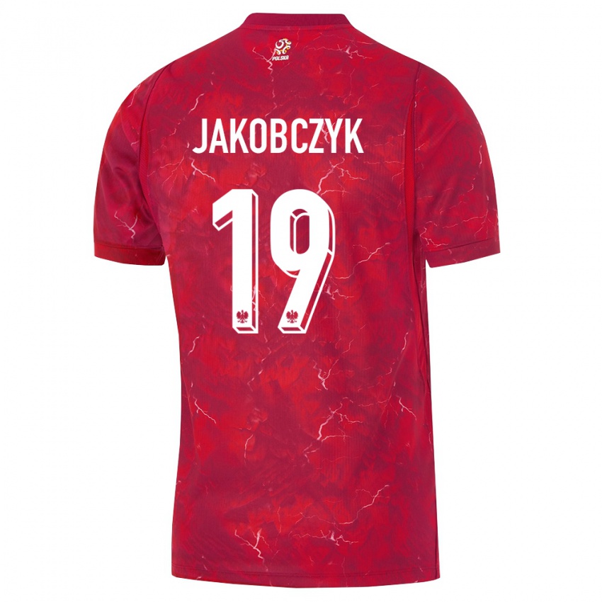 נשים פולין Kamil Jakobczyk #19 אדום לבן הרחק ג'רזי 26-28 חולצה קצרה