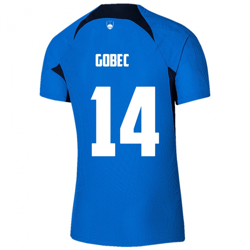 נשים סלובניה Stijan Gobec #14 כחול לבן הרחק ג'רזי 26-28 חולצה קצרה