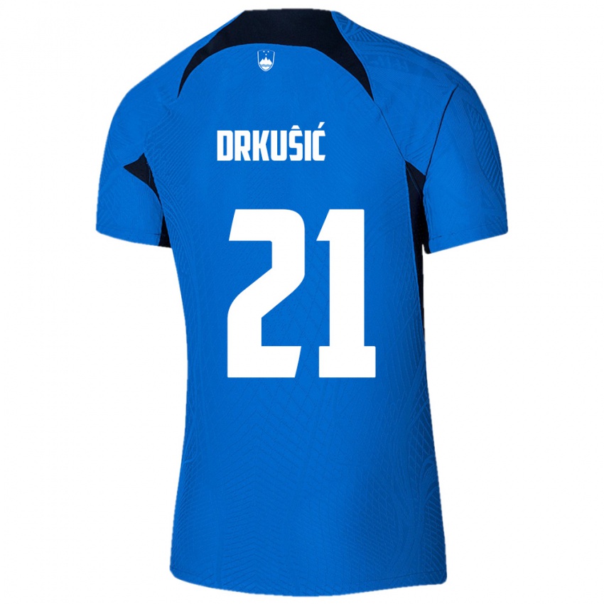 נשים סלובניה Vanja Drkusic #21 כחול לבן הרחק ג'רזי 26-28 חולצה קצרה
