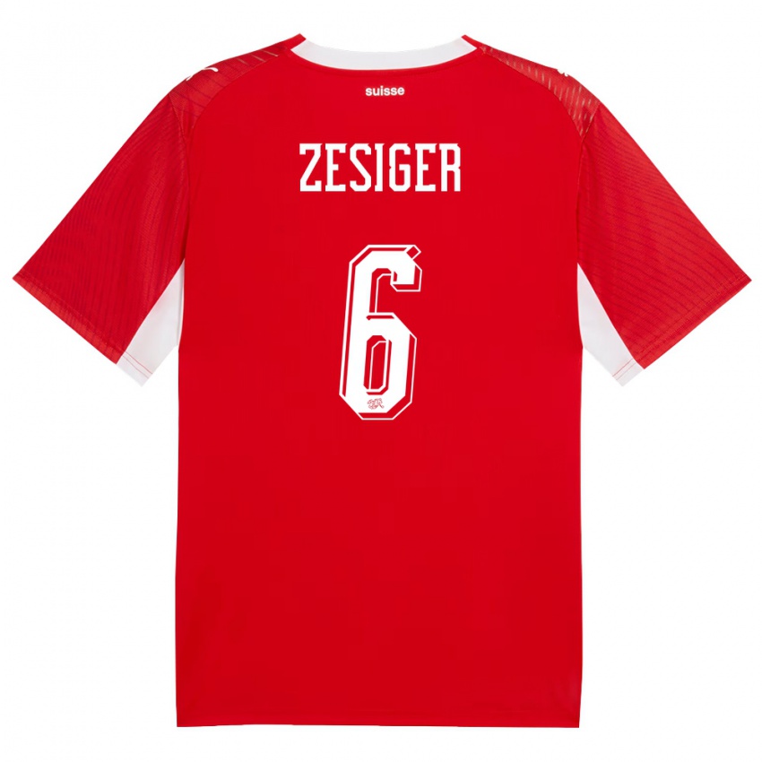 גברים שווייץ Navin Zesiger #6 אדום לבן ג'רזי ביתית 26-28 חולצה קצרה