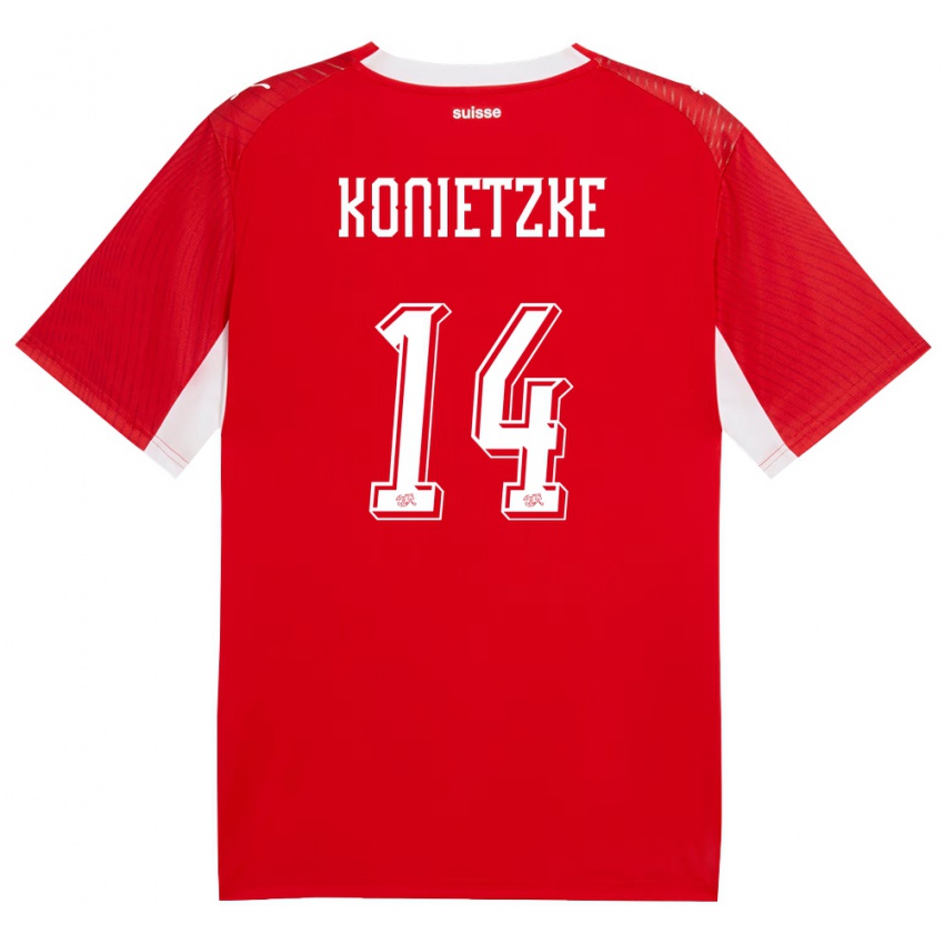 גברים שווייץ Corsin Konietzke #14 אדום לבן ג'רזי ביתית 26-28 חולצה קצרה