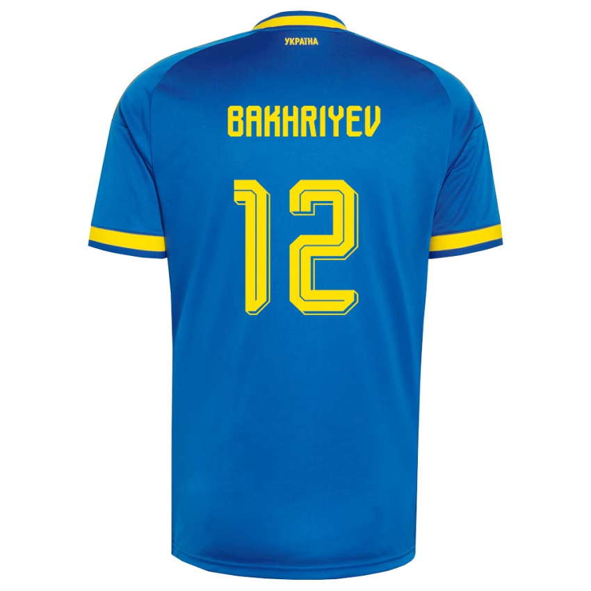 גברים אוקראינה Karim Bakhriyev #12 כחול צהוב כהה הרחק ג'רזי 26-28 חולצה קצרה