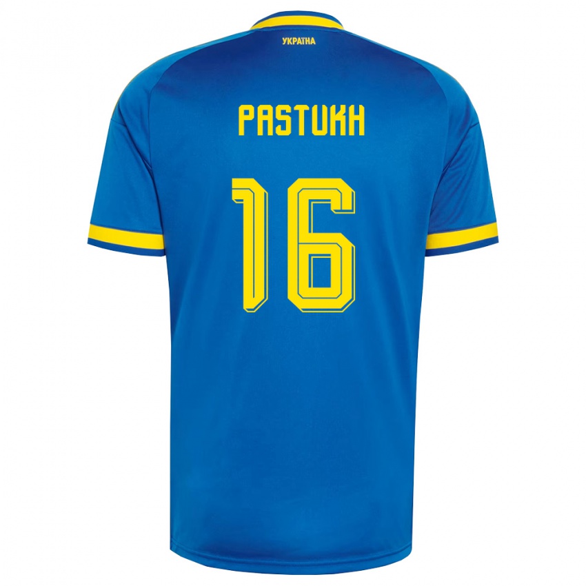 גברים אוקראינה Yevgeniy Pastukh #16 כחול צהוב כהה הרחק ג'רזי 26-28 חולצה קצרה