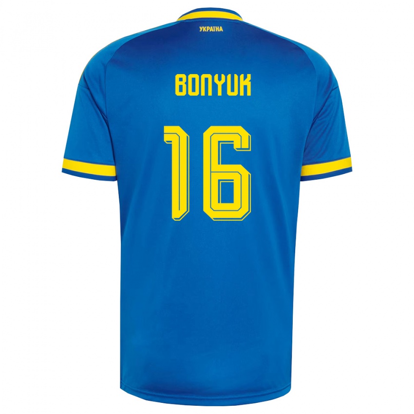 גברים אוקראינה Mykyta Bonyuk #16 כחול צהוב כהה הרחק ג'רזי 26-28 חולצה קצרה
