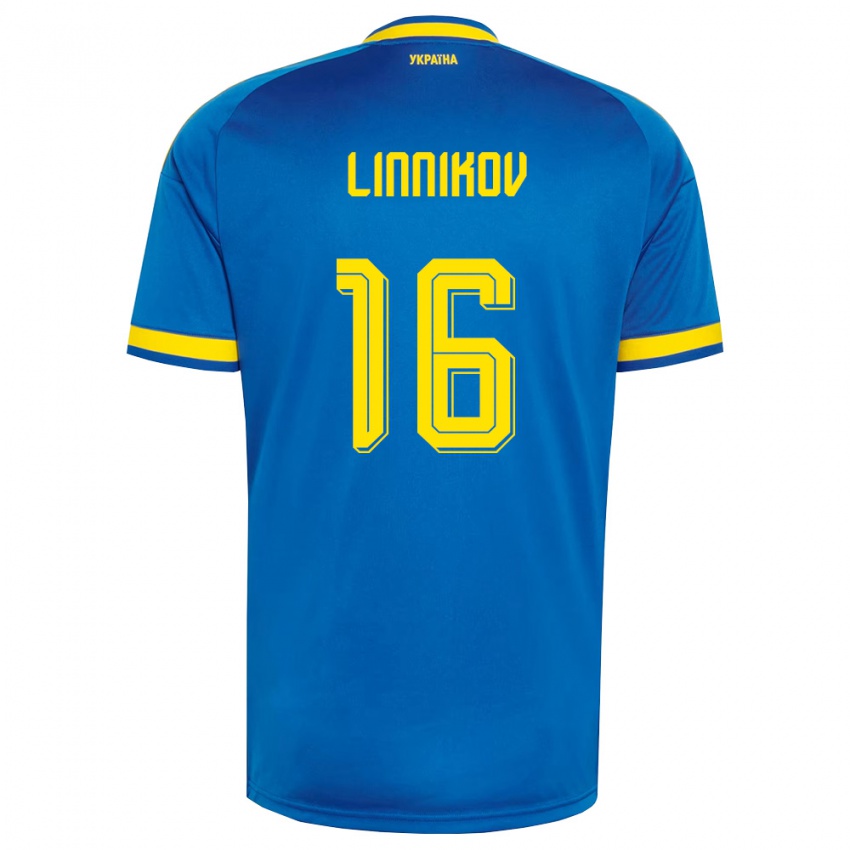 גברים אוקראינה Vsevolod Linnikov #16 כחול צהוב כהה הרחק ג'רזי 26-28 חולצה קצרה