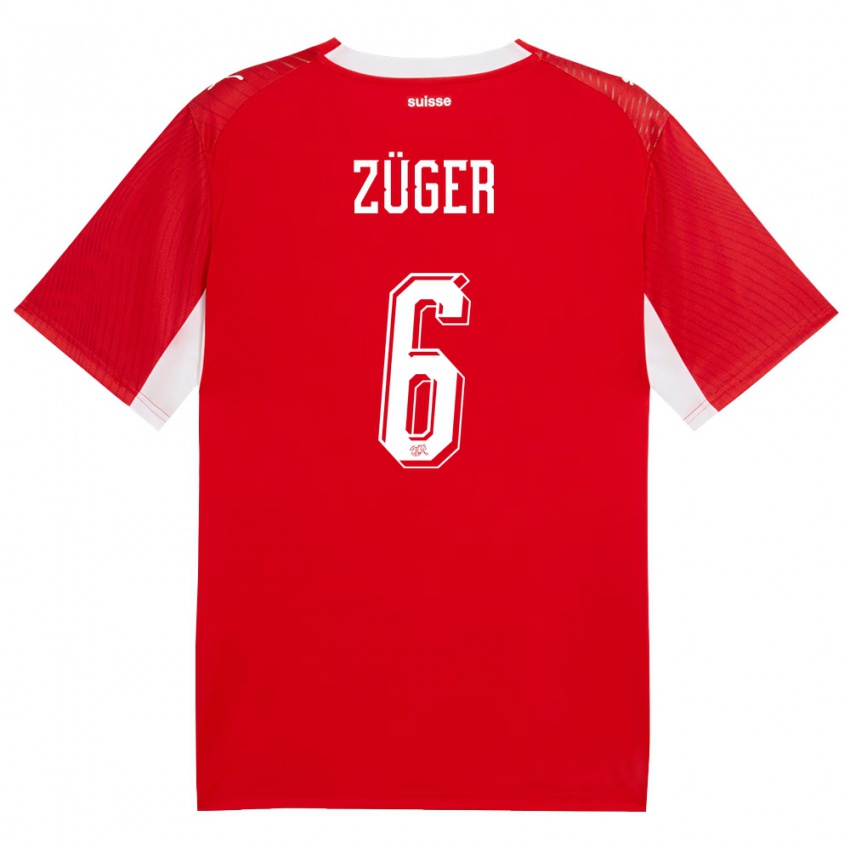 נשים שווייץ Niklas Züger #6 אדום לבן ג'רזי ביתית 26-28 חולצה קצרה