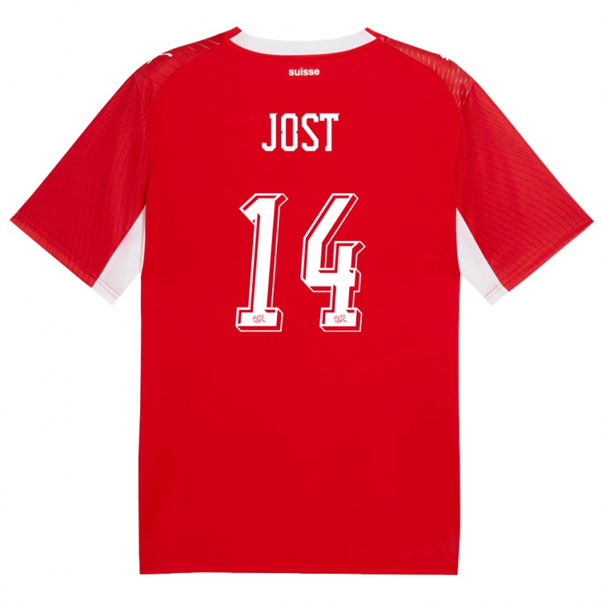 נשים שווייץ Tristan Jost #14 אדום לבן ג'רזי ביתית 26-28 חולצה קצרה