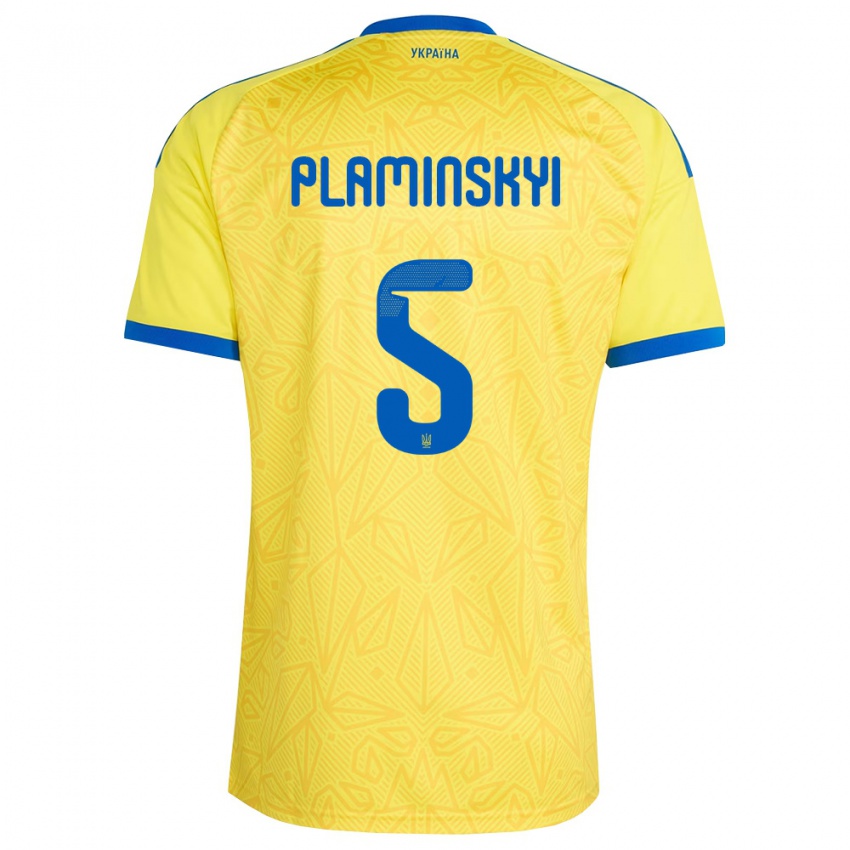 נשים אוקראינה Denys Plaminskyi #5 צהוב כחול ג'רזי ביתית 26-28 חולצה קצרה