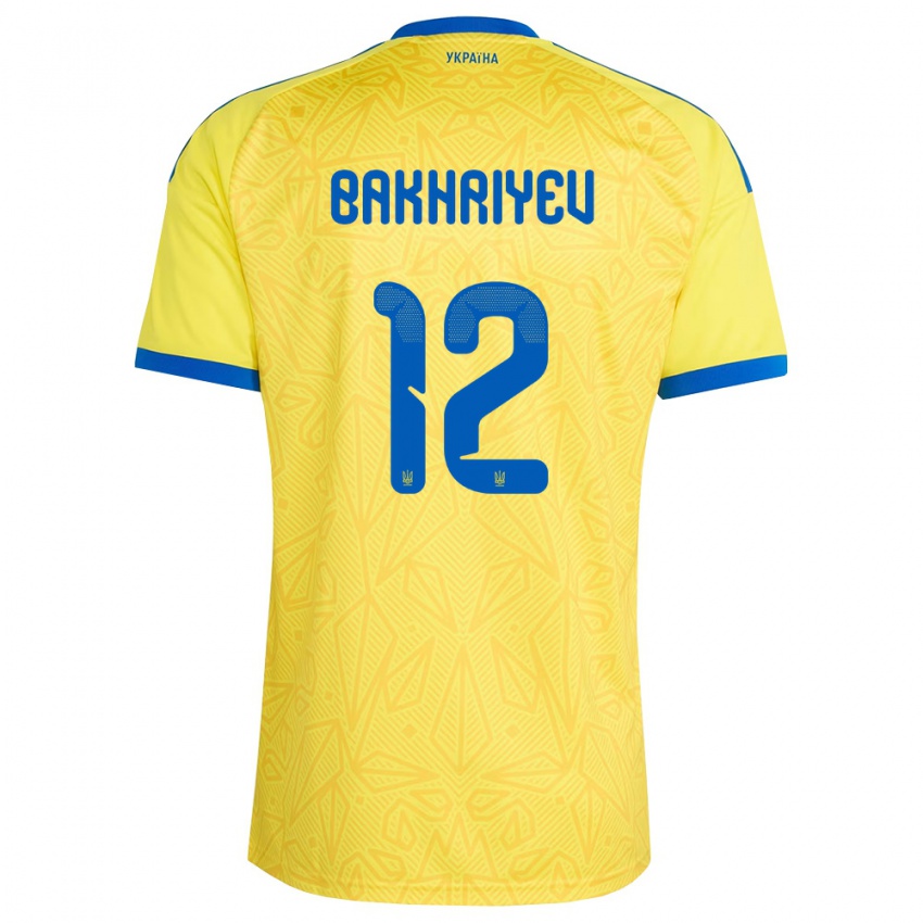 נשים אוקראינה Karim Bakhriyev #12 צהוב כחול ג'רזי ביתית 26-28 חולצה קצרה
