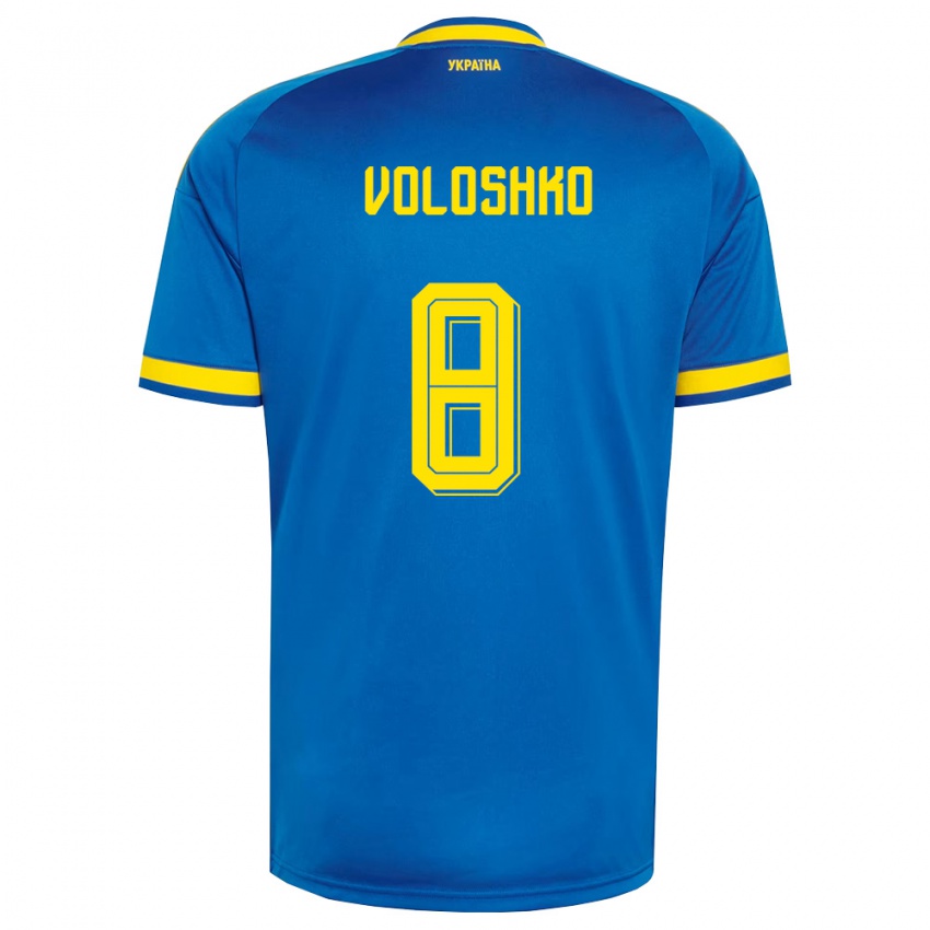 נשים אוקראינה Yevgeniy Voloshko #8 כחול צהוב כהה הרחק ג'רזי 26-28 חולצה קצרה