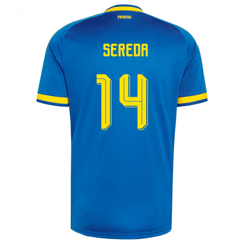 נשים אוקראינה Oleksandr Sereda #14 כחול צהוב כהה הרחק ג'רזי 26-28 חולצה קצרה