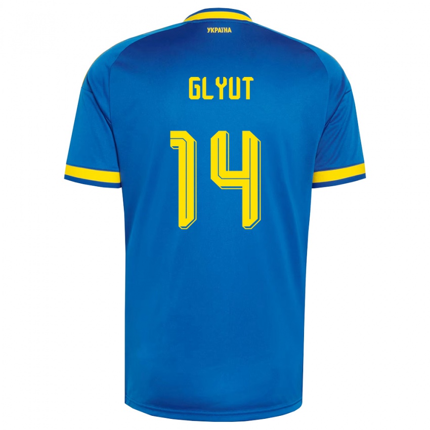 נשים אוקראינה Vitaliy Glyut #14 כחול צהוב כהה הרחק ג'רזי 26-28 חולצה קצרה