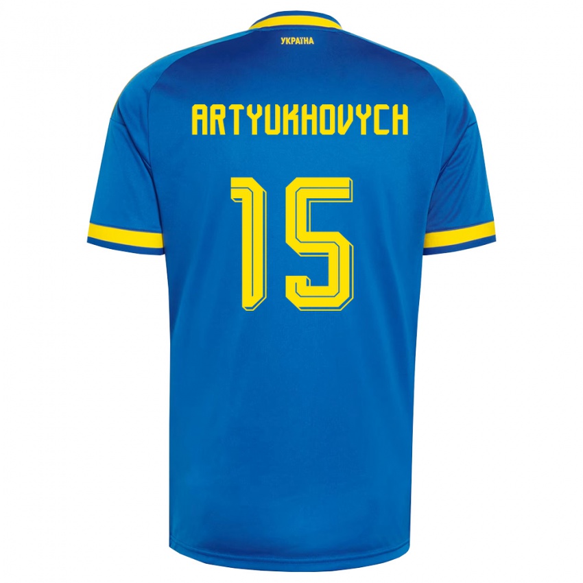 נשים אוקראינה Velizar Artyukhovych #15 כחול צהוב כהה הרחק ג'רזי 26-28 חולצה קצרה